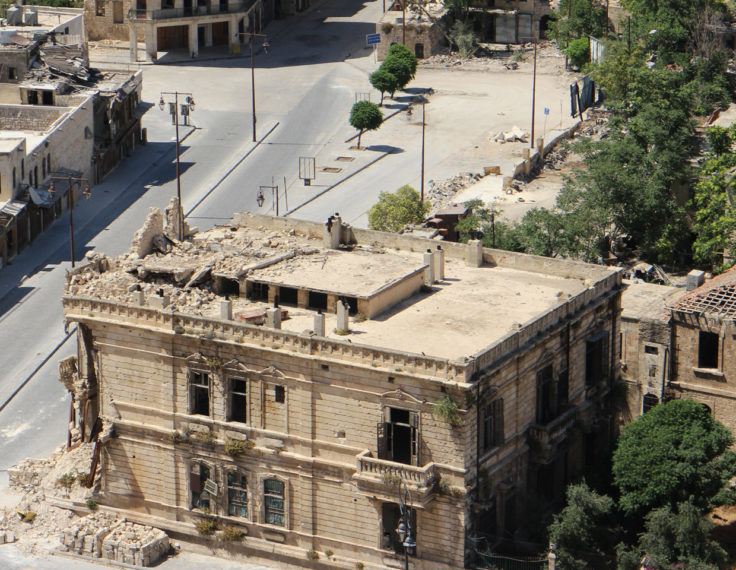 Aleppo, Syria. Buildings with damage and rubble.